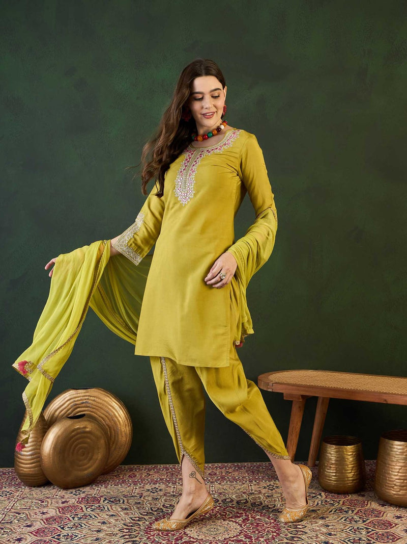 Green Embroidered Mirror Work Round Neck Straight Kurta With Dhoti Pants & Dupatta