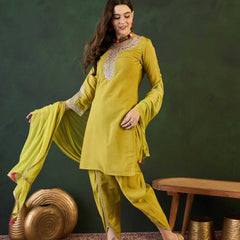 Green Embroidered Mirror Work Round Neck Straight Kurta With Dhoti Pants & Dupatta