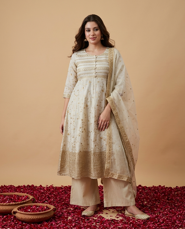 Beige Full Embroidery Zari Anarkali Kurta With Trousers & Dupatta