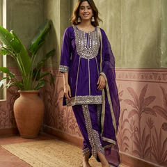 Purple Floral Embroidered & Sequinned A-Line Kurta With Dhoti Pant & Dupatta Kurta Set