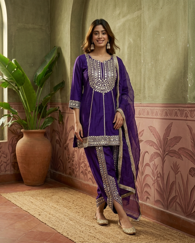 Purple Floral Embroidered & Sequinned A-Line Kurta With Dhoti Pant & Dupatta Kurta Set