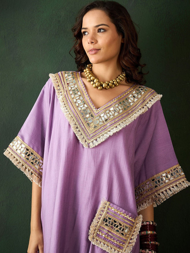 Purple V-Neck Short Sleeves Regular Mirror Work Kaftan Kurta With Trouser