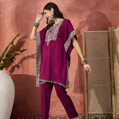 Floral Embroidered Notch Neck Kaftan Kurta With Trouser