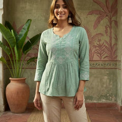 Mint Green Pure Cotton Ethnic Motifs Embroidered A-Line Short Kurti