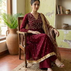 Floral Embroidered Thread Work Anarkali Kurta With Trousers & Dupatta