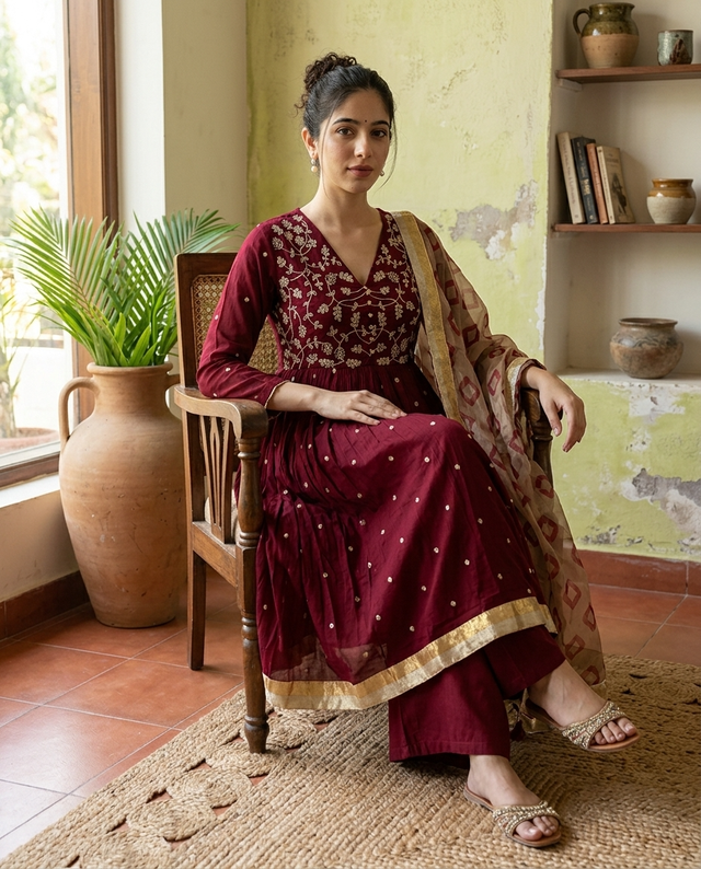 Floral Embroidered Thread Work Anarkali Kurta With Trousers & Dupatta