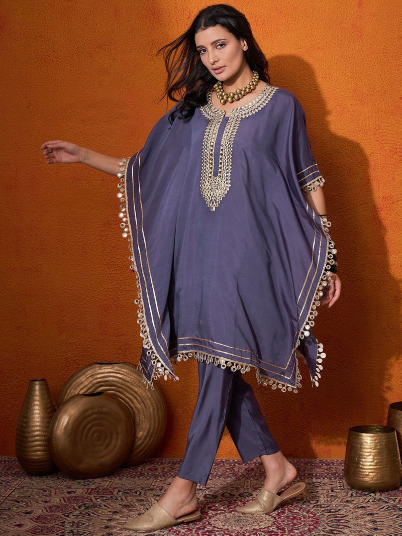 Blue Geometric Embroidered Round Neck Mirror Work Kaftan With Trousers