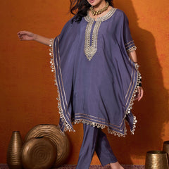 Blue Geometric Embroidered Round Neck Mirror Work Kaftan With Trousers