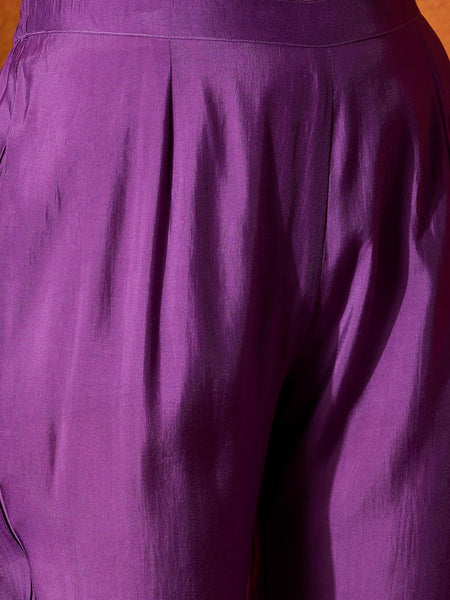 Purple Floral Embroidered V-Neck Straight Kurta With Trouser And Dupatta