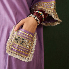 Purple V-Neck Short Sleeves Regular Mirror Work Kaftan Kurta With Trouser