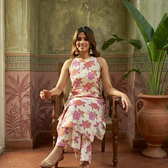 Off White Floral Printed Sleeveless A-Line Kurta With Palazzo Kurta Set