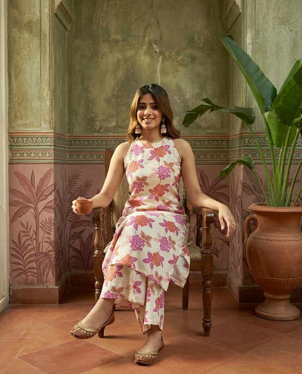 Off White Floral Printed Sleeveless A-Line Kurta With Palazzo Kurta Set
