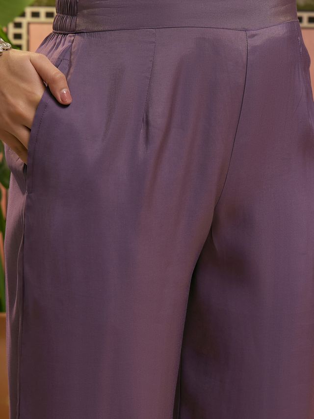 Purple Embroidered & Mirror Work Straight Tunic  With Trousers Co-Ords Set