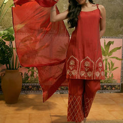 Rust Gota Work  Shoulder Straps Straight Kurta With Trouser Kurta Set