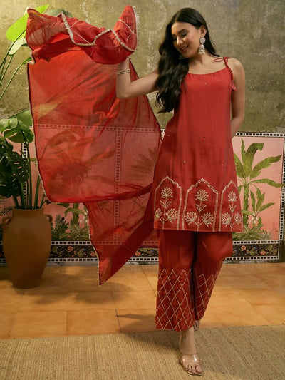 Rust Gota Work  Shoulder Straps Straight Kurta With Trouser Kurta Set