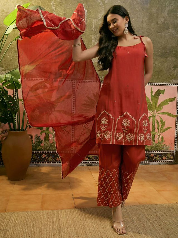 Rust Gota Work  Shoulder Straps Straight Kurta With Trouser Kurta Set