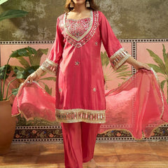 Pink Ethnic Motif Embroidered Kurta With Top & Trouser & Dupatta