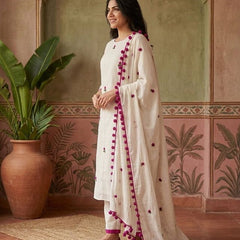 Floral Embroidered Straight Kurta With Trousers & Dupatta