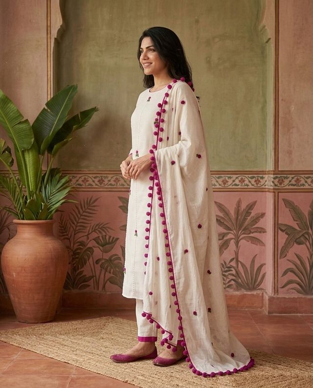 Floral Embroidered Straight Kurta With Trousers & Dupatta