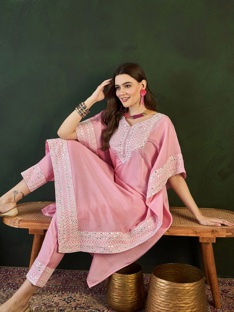 Pink Geometric Embroidered Mirror Work Roman Silk Kurta With Trouser