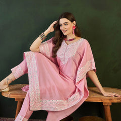 Pink Geometric Embroidered Mirror Work Roman Silk Kurta With Trouser
