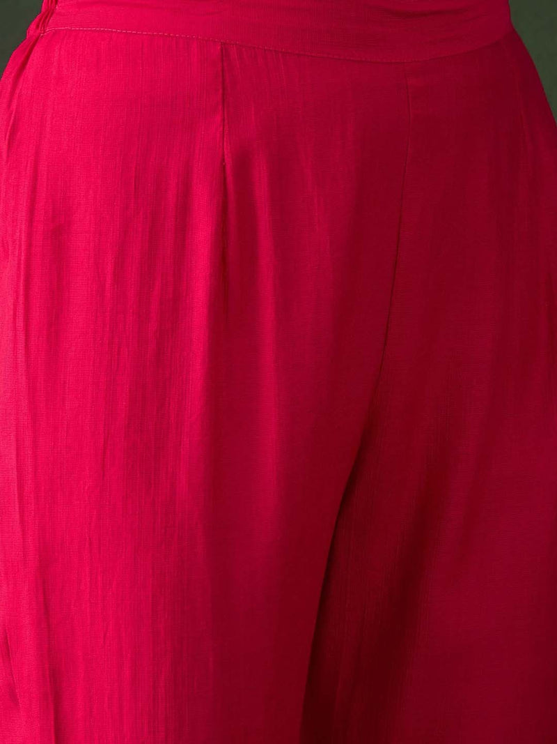 Pink Floral Embroidered Mirror Work A-Line Kurta With Trousers & Dupatta