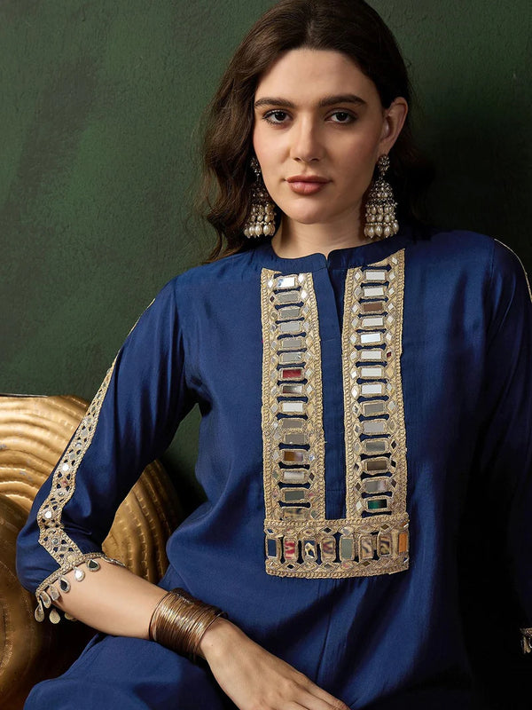 Neckline mirror work detail on silk blend tunic