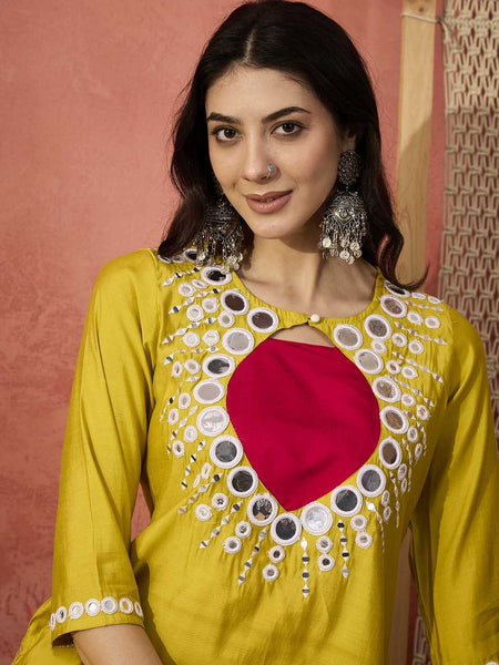 Embellished Round Neck Mirror Work Tunic With Trouser