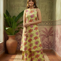 Lime Green Floral Printed Sleeveless A-Line Kurta With Palazzo Kurta Set