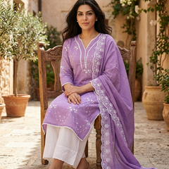 Purple Embroidered Pure Cotton Straight Kurta With Trouser & Dupatta