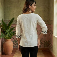 Off White Green Pure Cotton Ethnic Motifs Embroidered A-Line Short Kurti