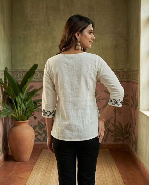 Off White Green Pure Cotton Ethnic Motifs Embroidered A-Line Short Kurti