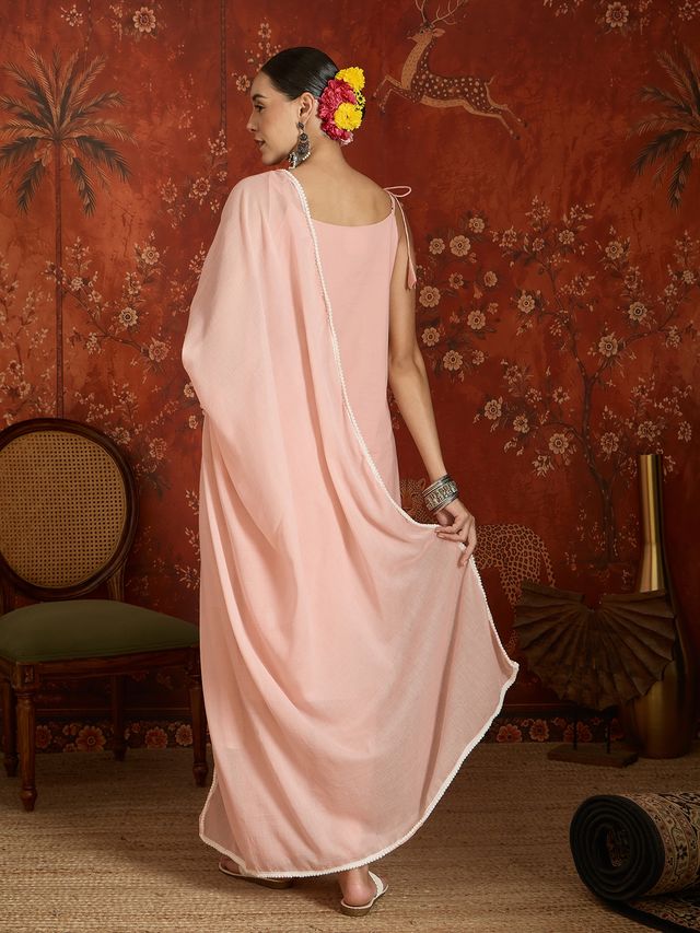 Peach Floral Embroidered Shoulder Straps Kurta With Trouser & Dupatta Kurta Set