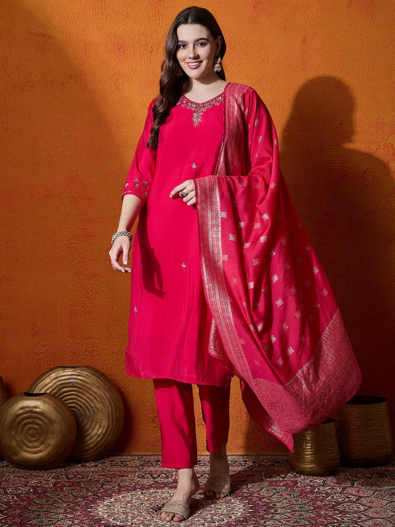 Floral Embroidered Kurta With Trousers And Dupatta