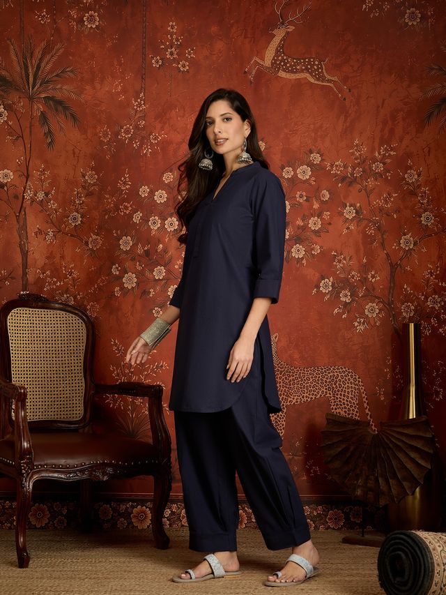 Navy Blue Mandarin Collar Pure Cotton Tunic With Trousers Kurta Set
