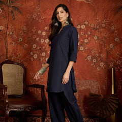 Navy Blue Mandarin Collar Pure Cotton Tunic With Trousers Kurta Set
