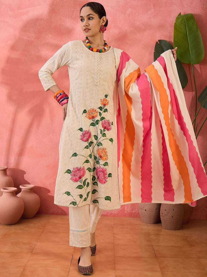 Off white Floral Embroidered Pure Cotton Kurta With Trouser And Dupatta