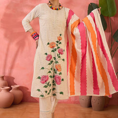 Off white Floral Embroidered Pure Cotton Kurta With Trouser And Dupatta