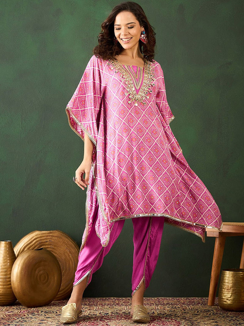 Bandhani Printed Gotta Patti Asymmetric Kaftan With Dhoti Pant