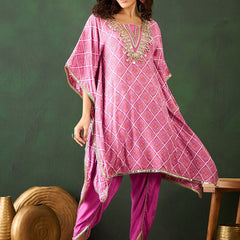 Bandhani Printed Gotta Patti Asymmetric Kaftan With Dhoti Pant