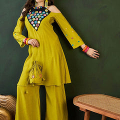 Embroidered Kurta & Palazzo With Bag Kurta Set
