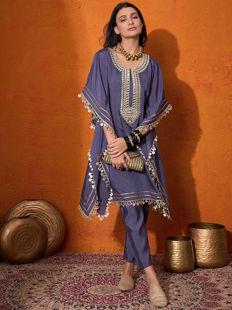 Geometric Embroidered & Mirror Work Kaftan Kurta With Trouser