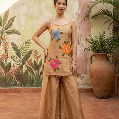 Beige Hand Block Print & Mirror Work Sholder Strap Kurta With Sharara & Dupatta