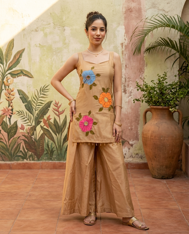 Beige Hand Block Print & Mirror Work Sholder Strap Kurta With Sharara & Dupatta