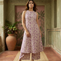 Pink Floral Printed Sleeveless A-Line Kurta With Palazzo Kurta Set