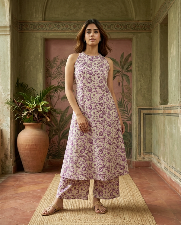 Pink Floral Printed Sleeveless A-Line Kurta With Palazzo Kurta Set