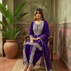 Purple Floral Embroidered & Sequinned A-Line Kurta With Dhoti Pant & Dupatta Kurta Set