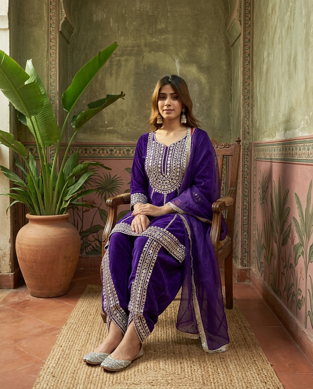 Purple Floral Embroidered & Sequinned A-Line Kurta With Dhoti Pant & Dupatta Kurta Set