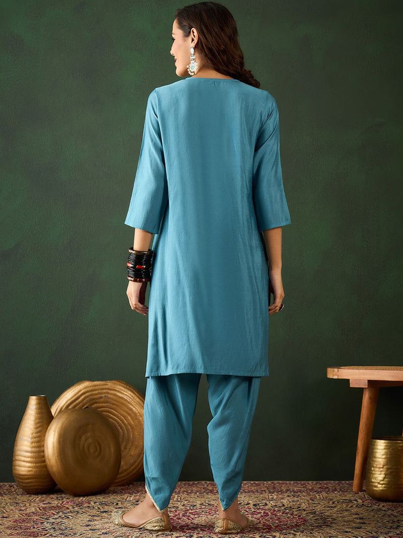 Black Floral Embroidered Mirror Work Straight Kurta With Dhoti Pants