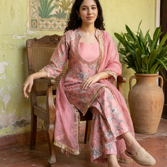 Floral Print & Embroidered  Straight Kurta With Top & Trousers & Dupatta